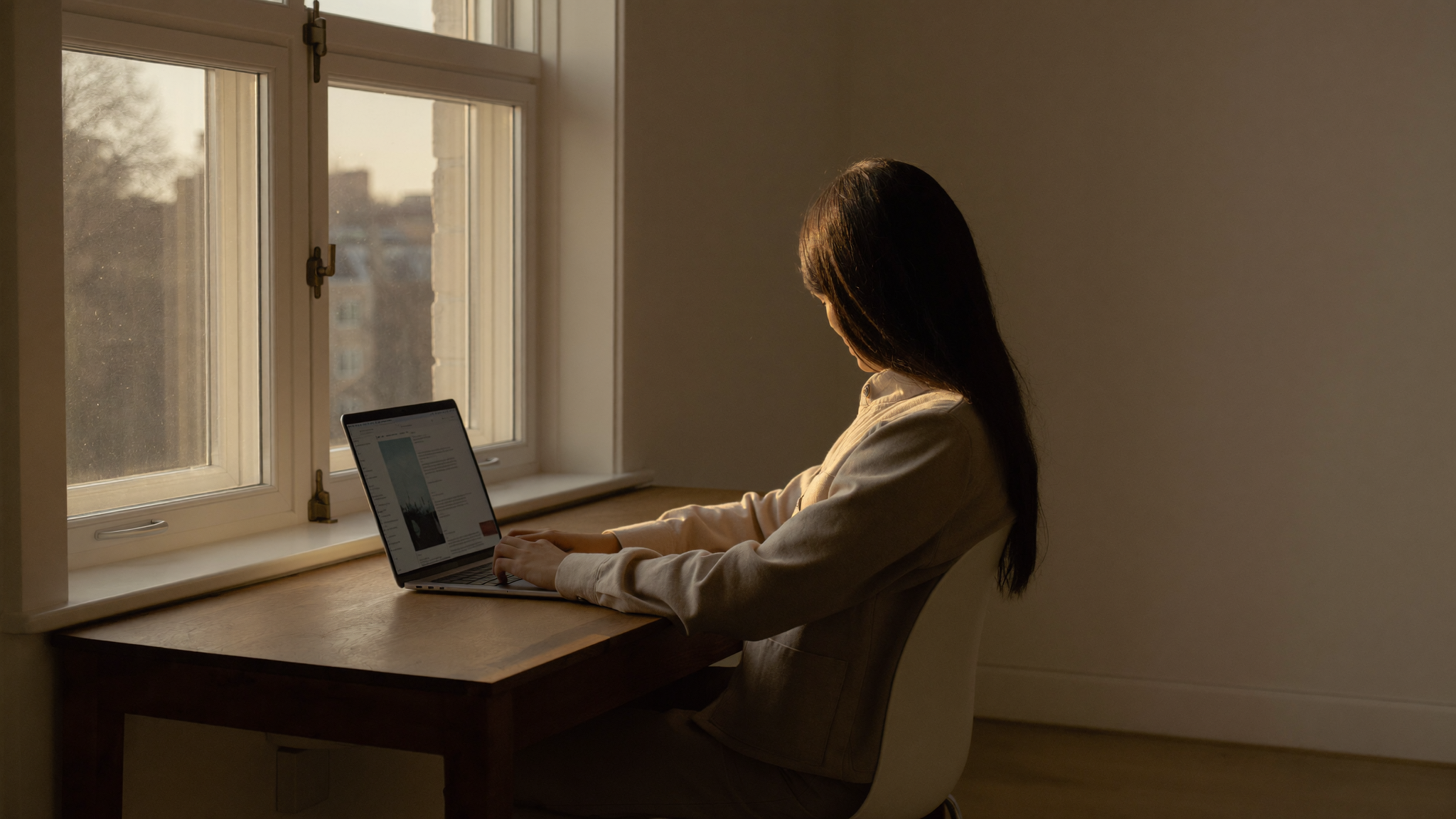 Person arbeitet konzentriert am Laptop, warmes Licht